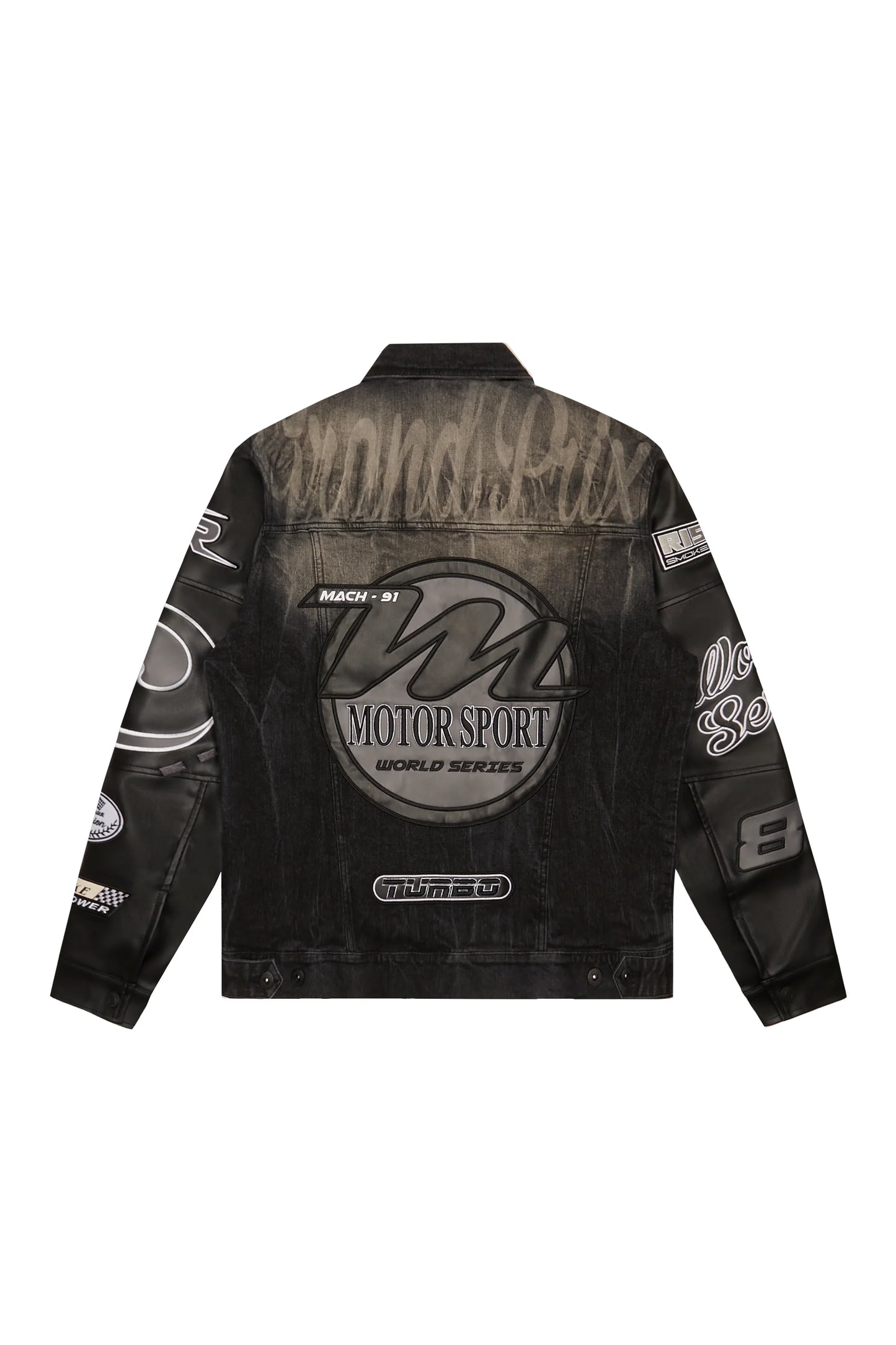 SMOKE RISE-Embroidered Patched Racing Denim Jacket - Moon Black-JJ24146