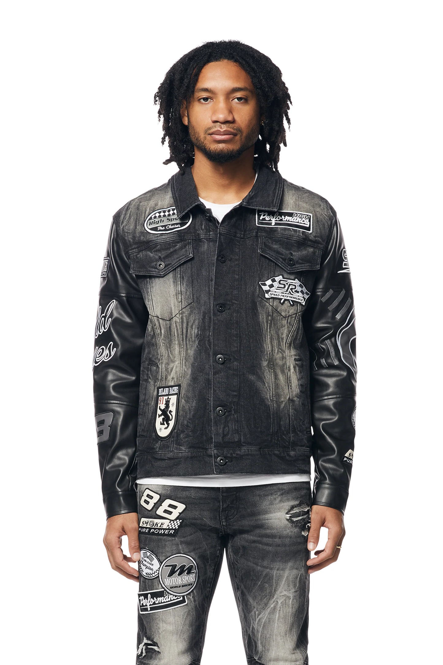 SMOKE RISE-Embroidered Patched Racing Denim Jacket - Moon Black-JJ24146