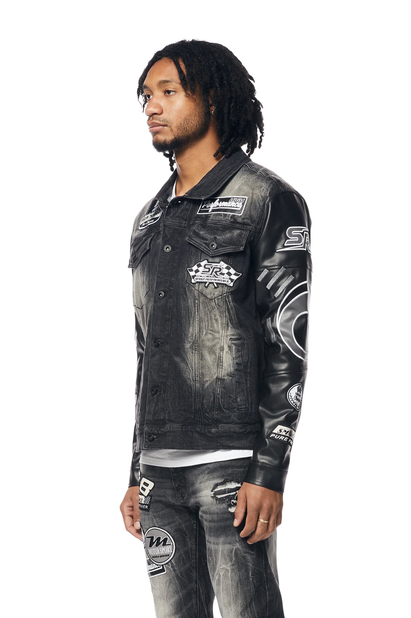 SMOKE RISE-Embroidered Patched Racing Denim Jacket - Moon Black-JJ24146