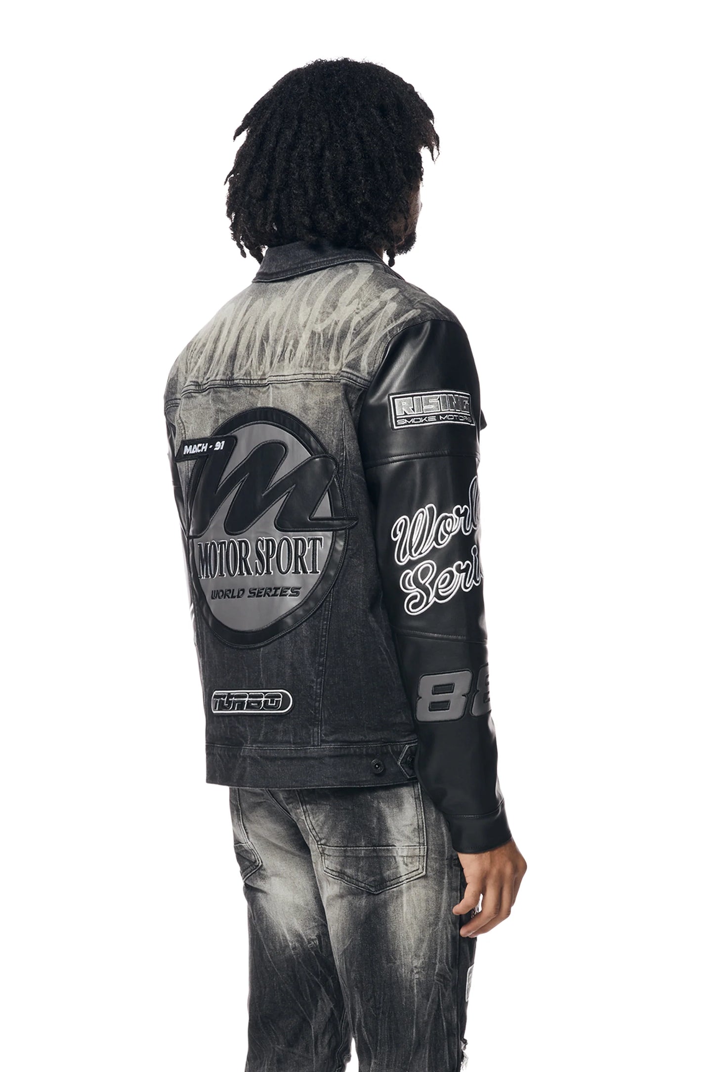 SMOKE RISE-Embroidered Patched Racing Denim Jacket - Moon Black-JJ24146