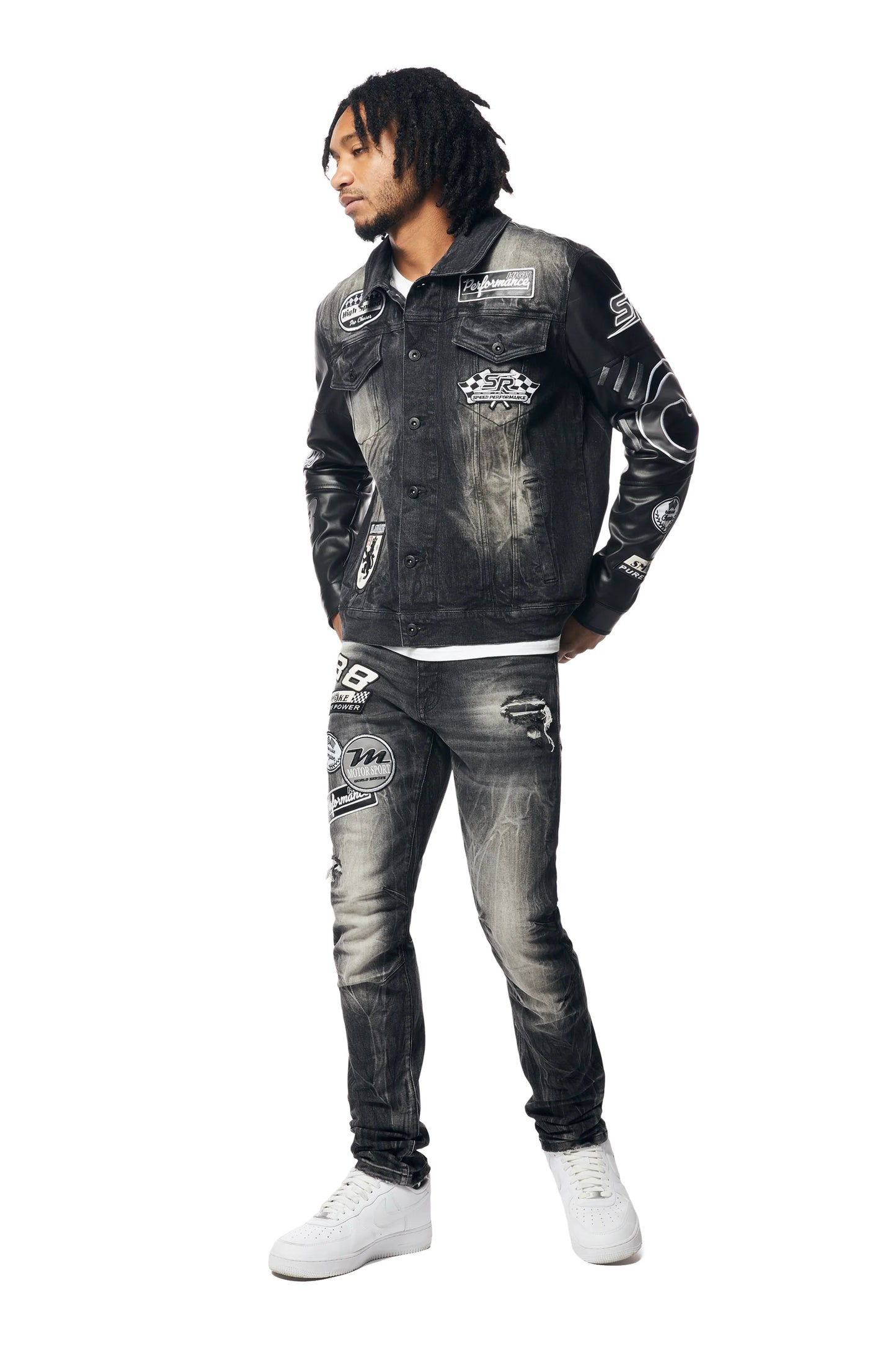 SMOKE RISE-Embroidered Patched Racing Denim Jacket - Moon Black-JJ24146