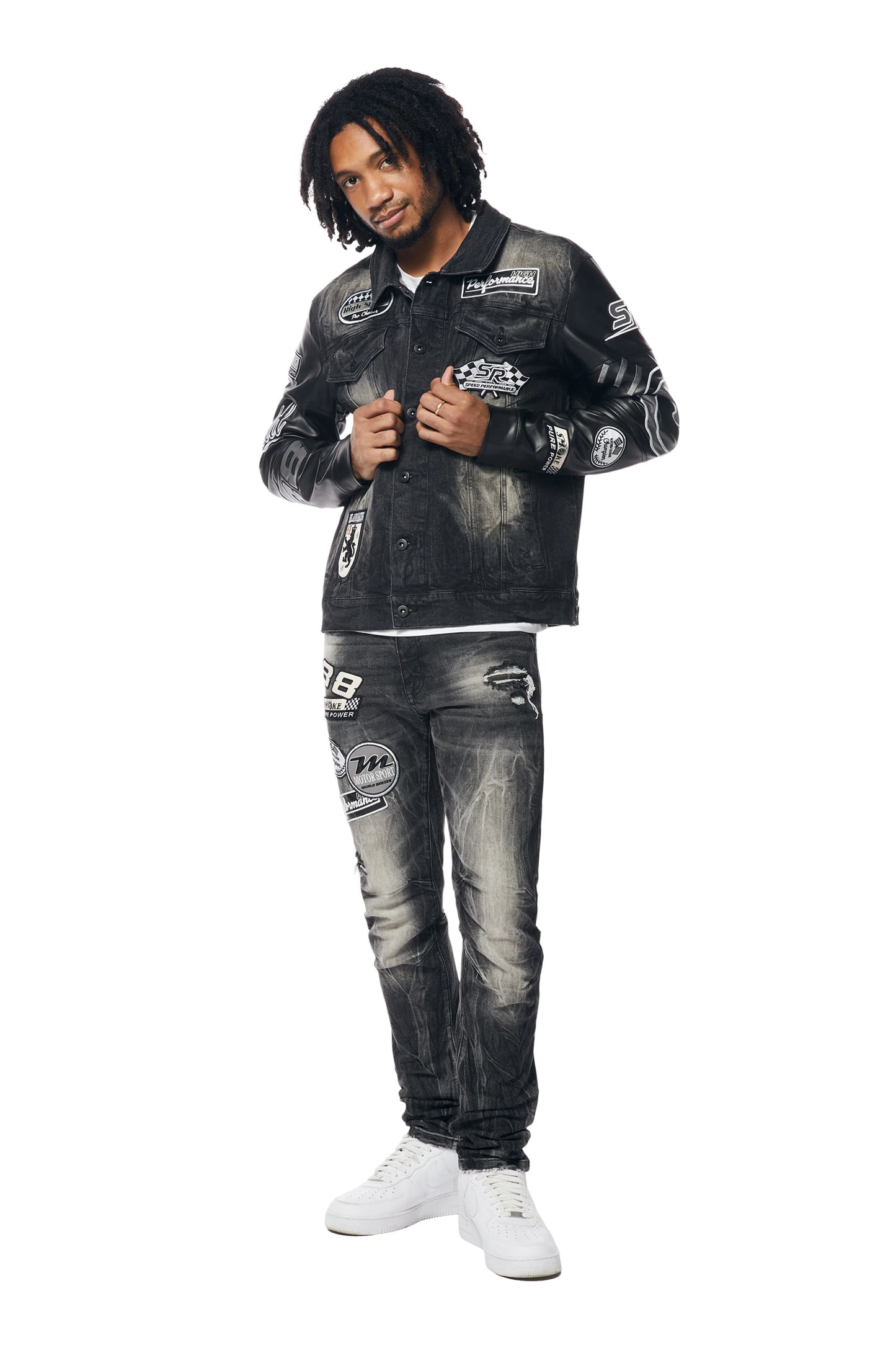 SMOKE RISE-Embroidered Patched Racing Denim Jacket - Moon Black-JJ24146