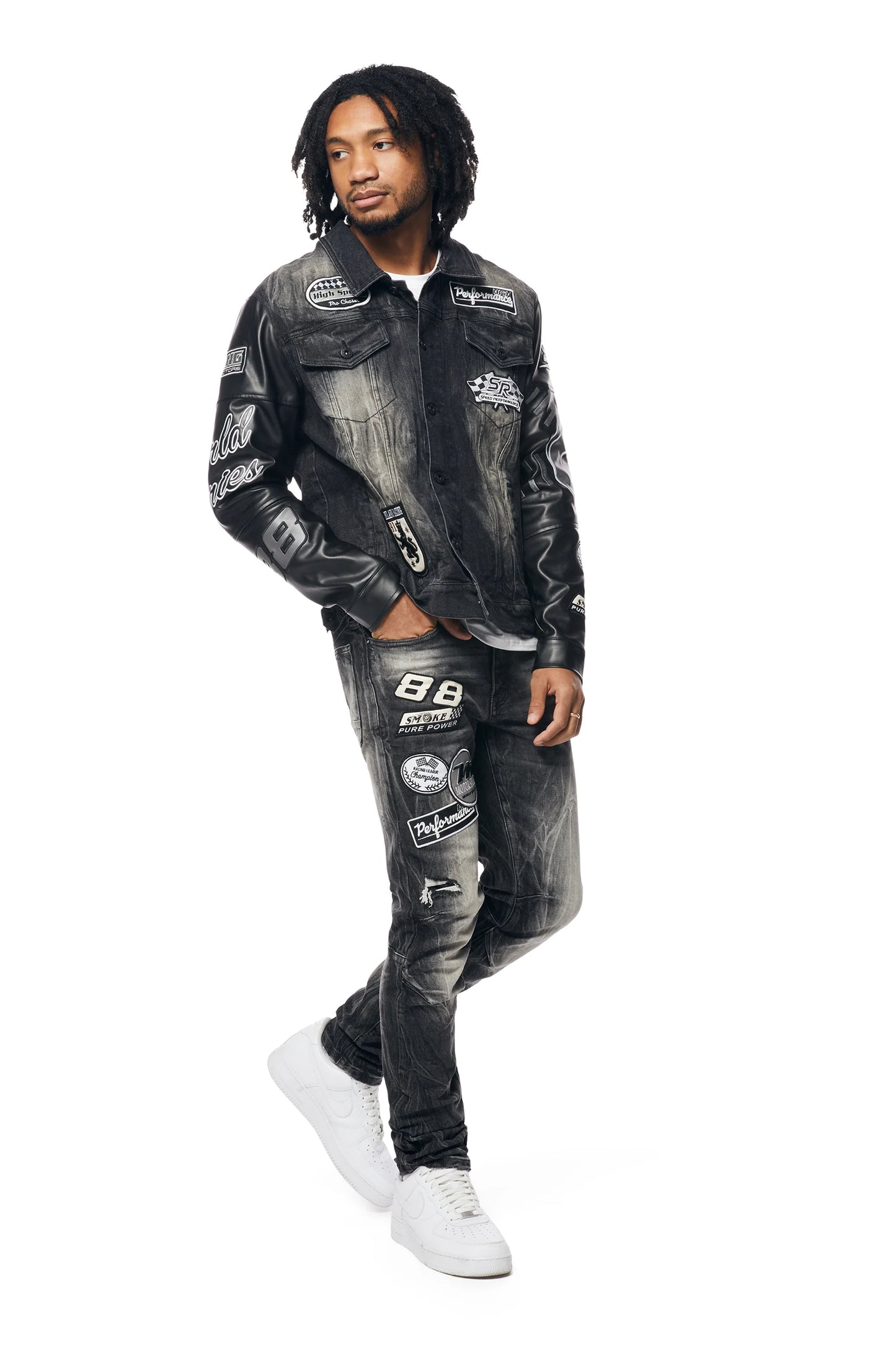 SMOKE RISE-Embroidered Patched Racing Denim Jacket - Moon Black-JJ24146