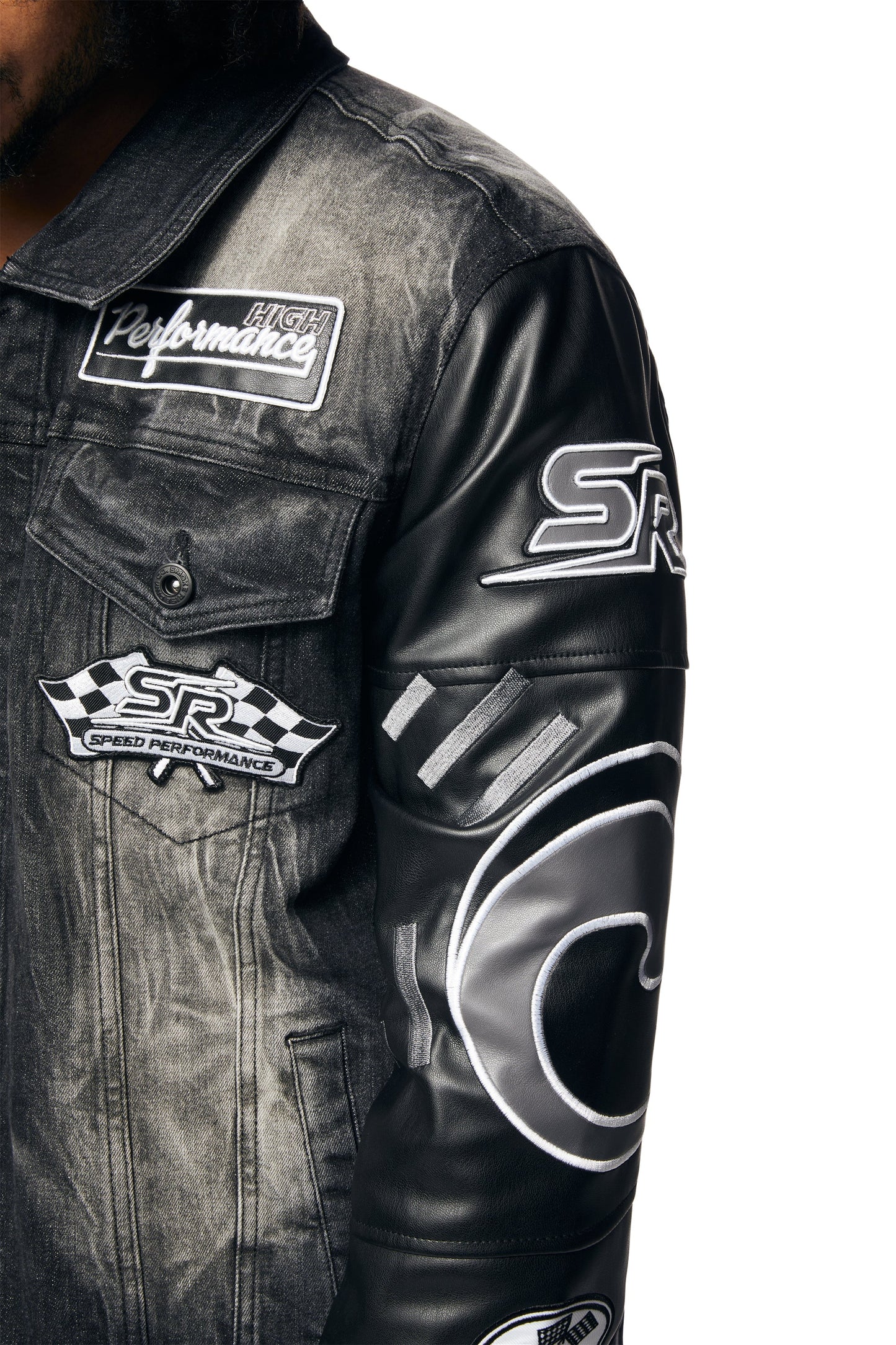 SMOKE RISE-Embroidered Patched Racing Denim Jacket - Moon Black-JJ24146