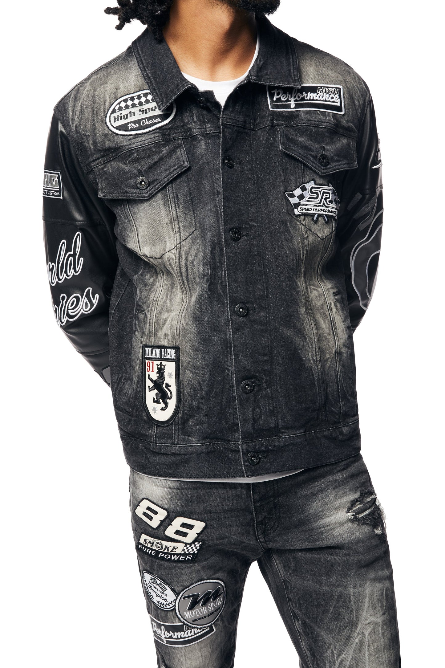 SMOKE RISE-Embroidered Patched Racing Denim Jacket - Moon Black-JJ24146