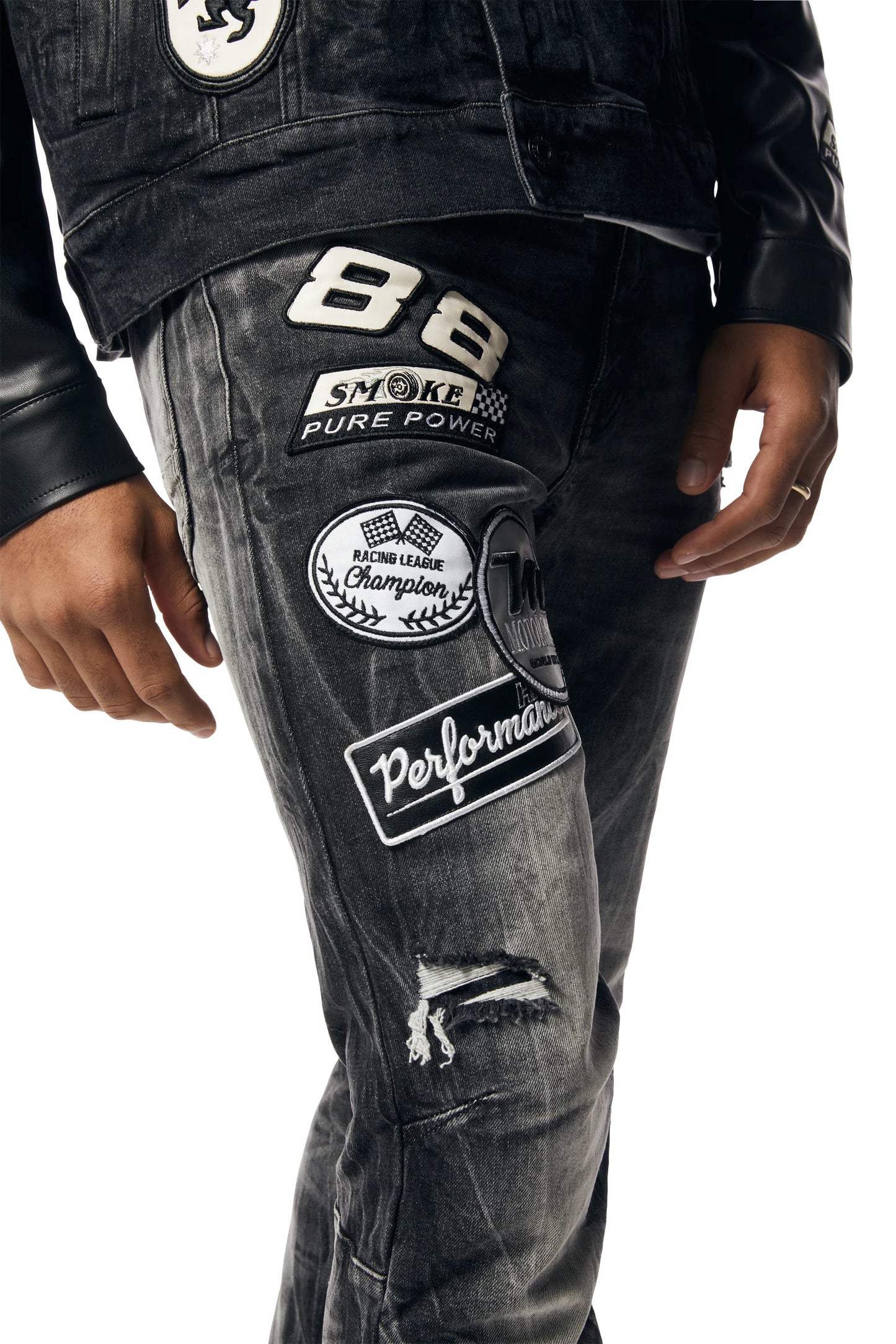 SMOKE RISE-Embroidered Patched Racing Denim Jacket - Moon Black-JJ24146