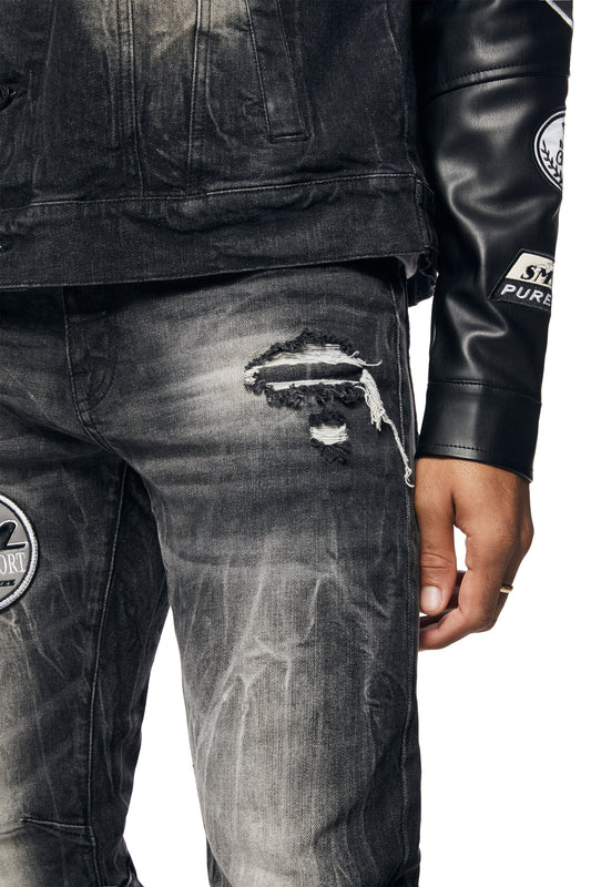SMOKE RISE-Embroidered Patched Racing Denim Jacket - Moon Black-JJ24146