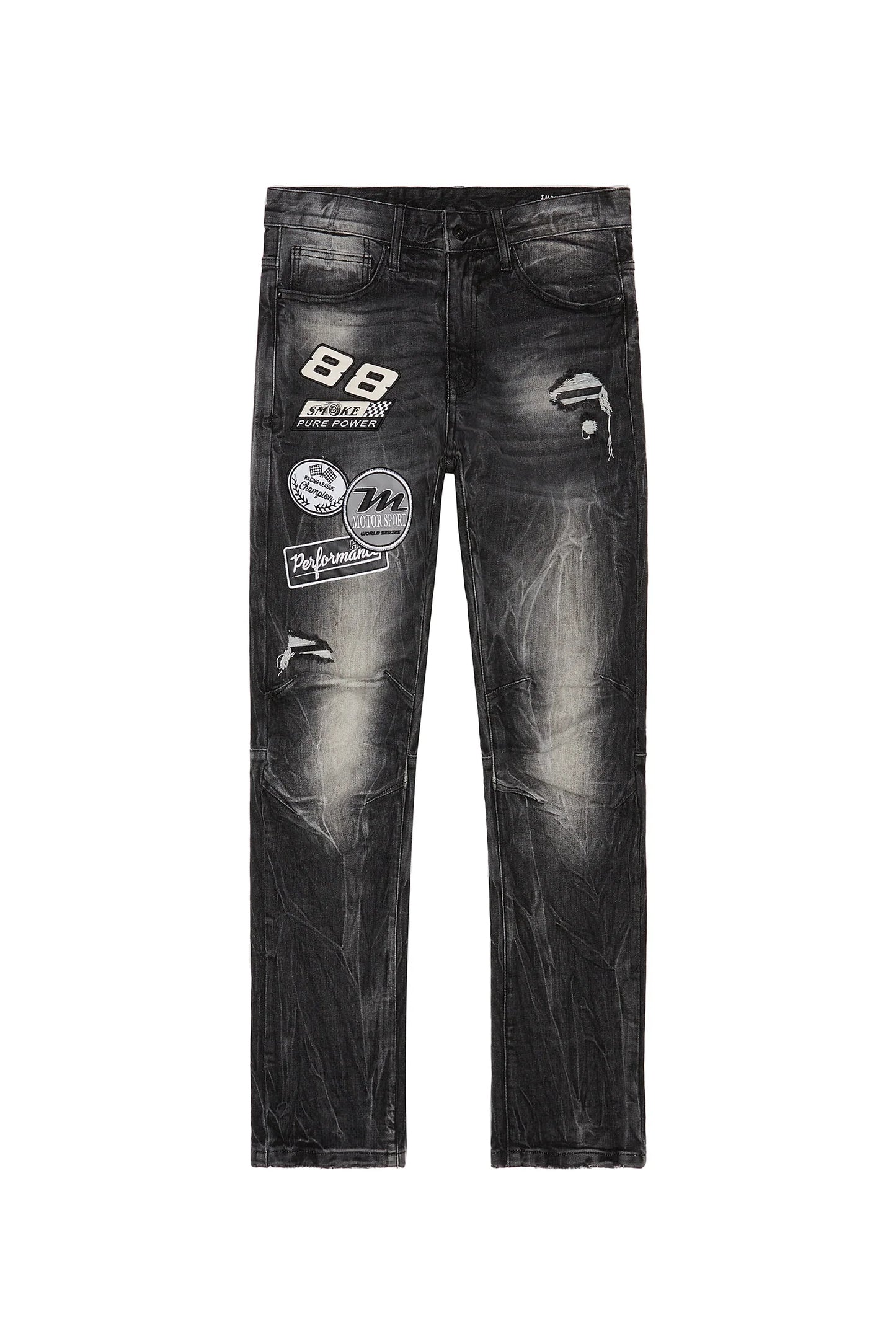 SMOKE RISE-Embroidered Patched Racing Denim Jeans - Moon Black