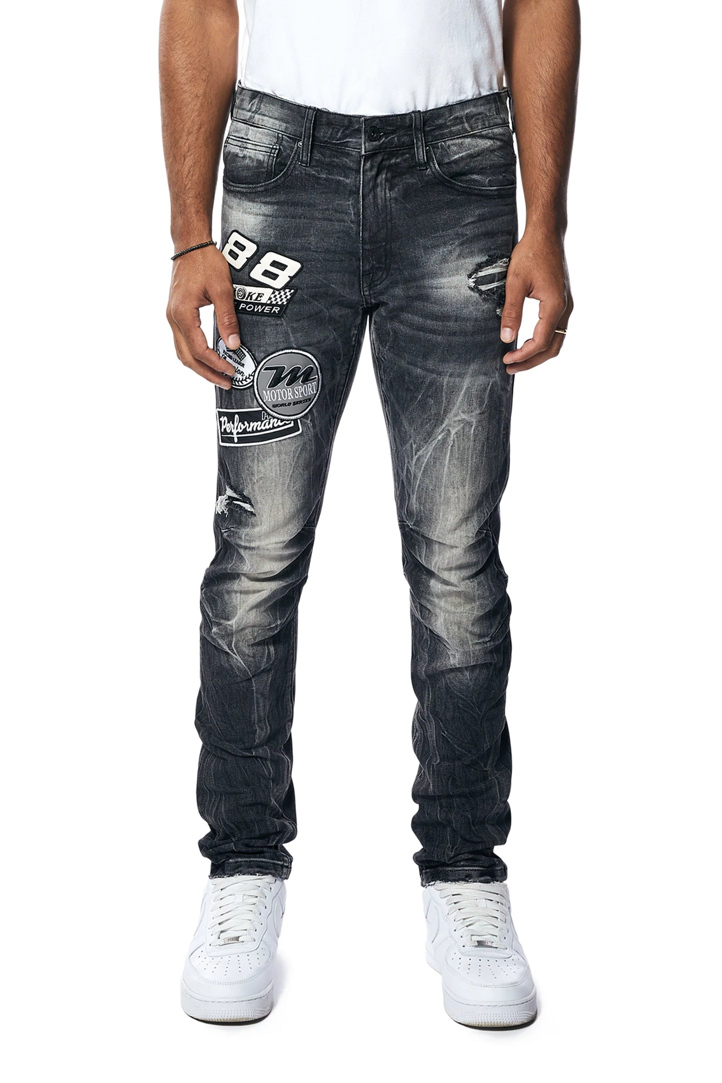 SMOKE RISE-Embroidered Patched Racing Denim Jeans - Moon Black