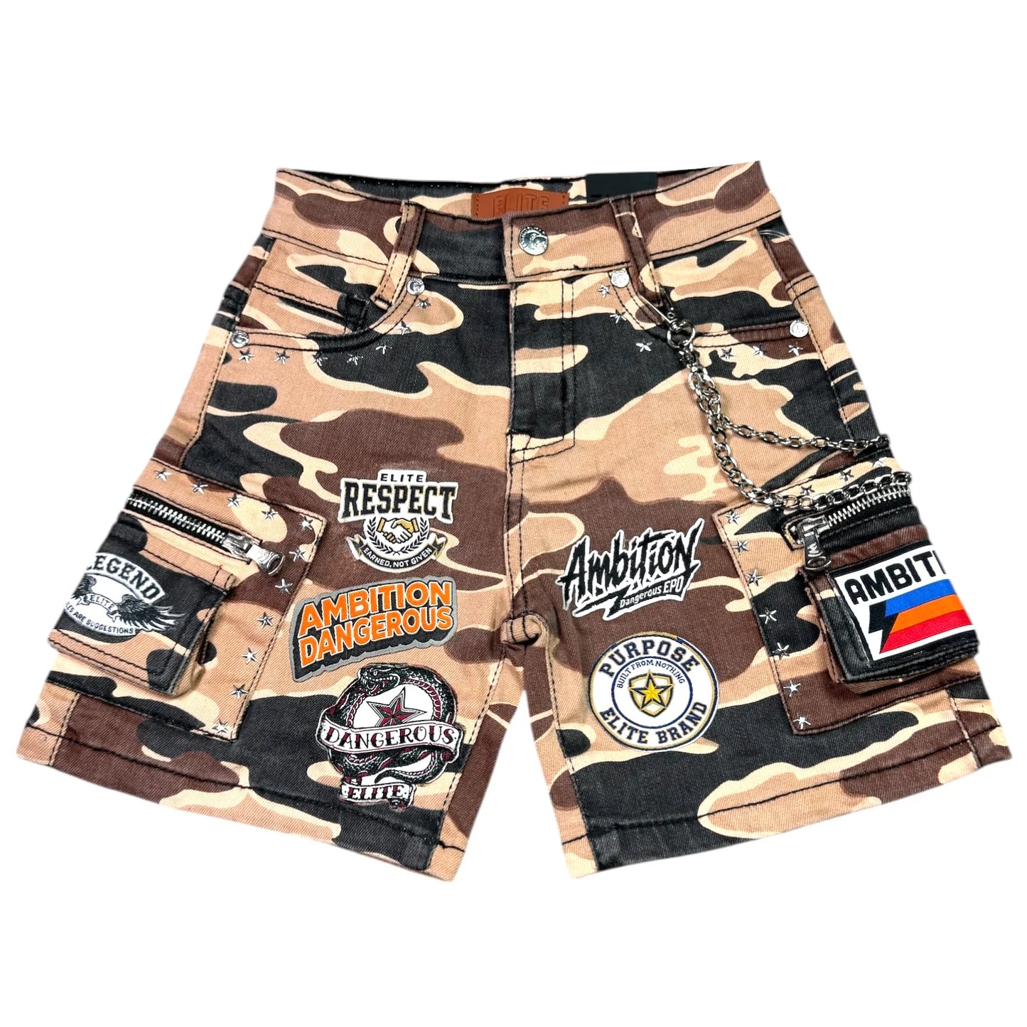 Elite A12 PATCH WORK BROWN ARMY KIDS DENIM SHORTS