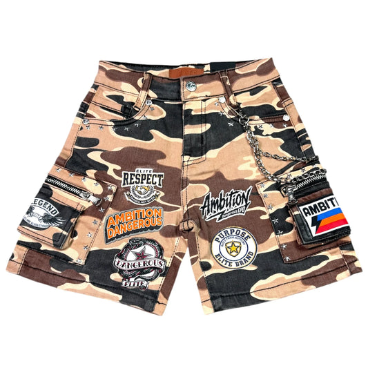 Elite A12 PATCH WORK BROWN ARMY KIDS DENIM SHORTS