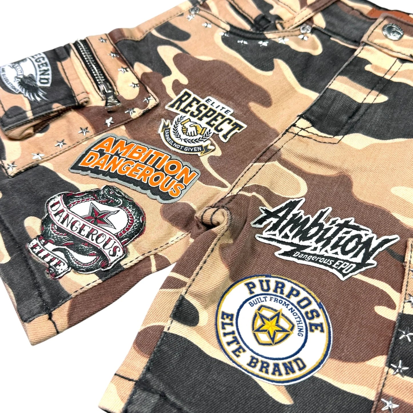 Elite A12 PATCH WORK BROWN ARMY KIDS DENIM SHORTS