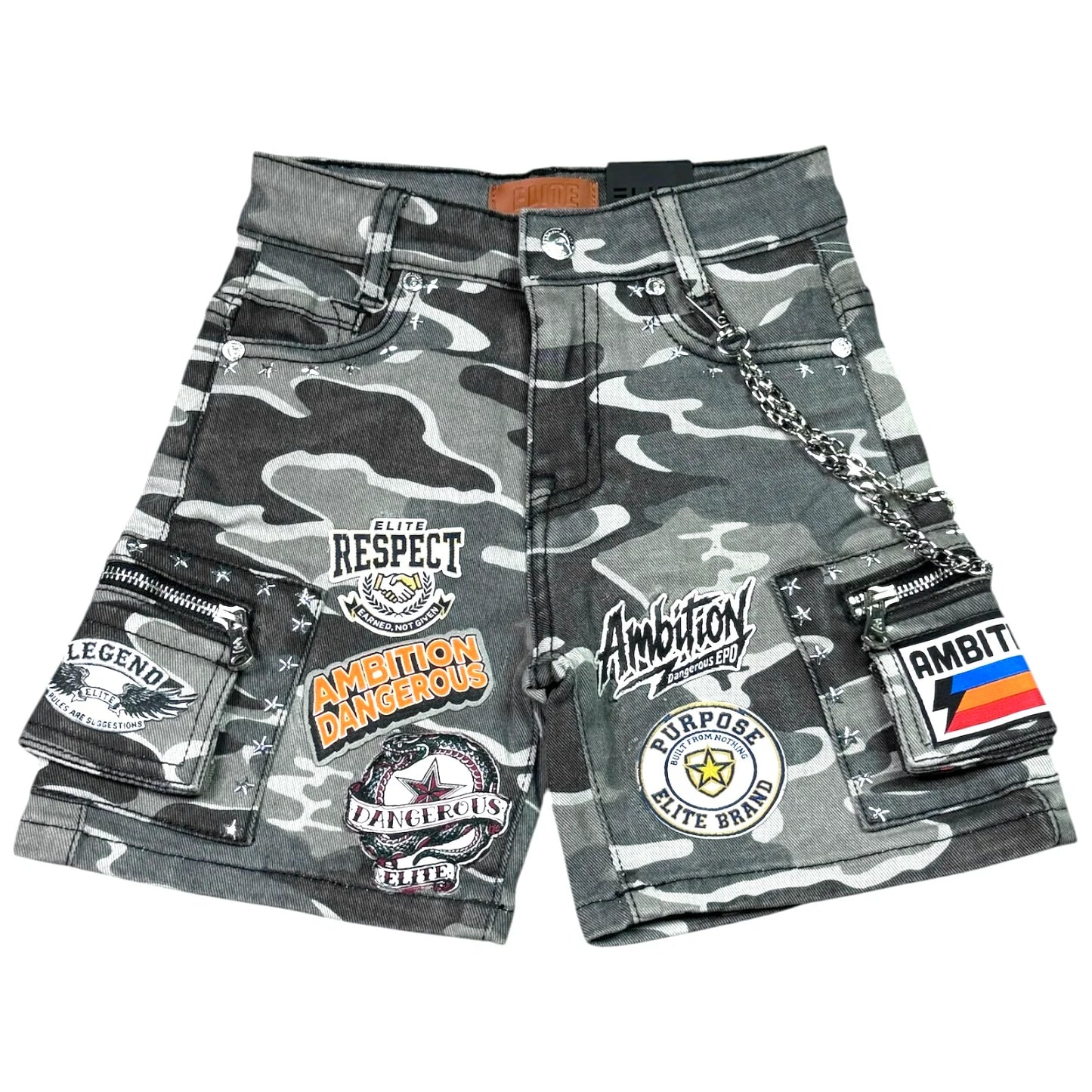 ELITE A12 PATCH WORK GRAY ARMY KIDS DENIM SHORTS