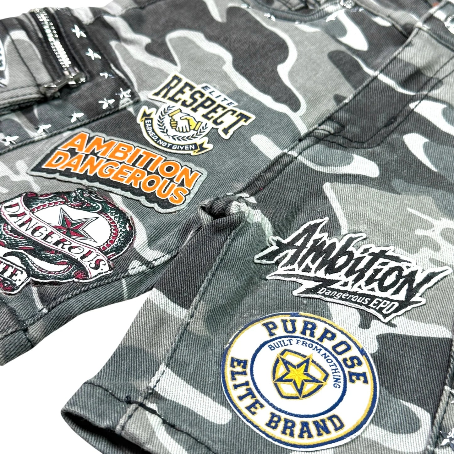 ELITE A12 PATCH WORK GRAY ARMY KIDS DENIM SHORTS