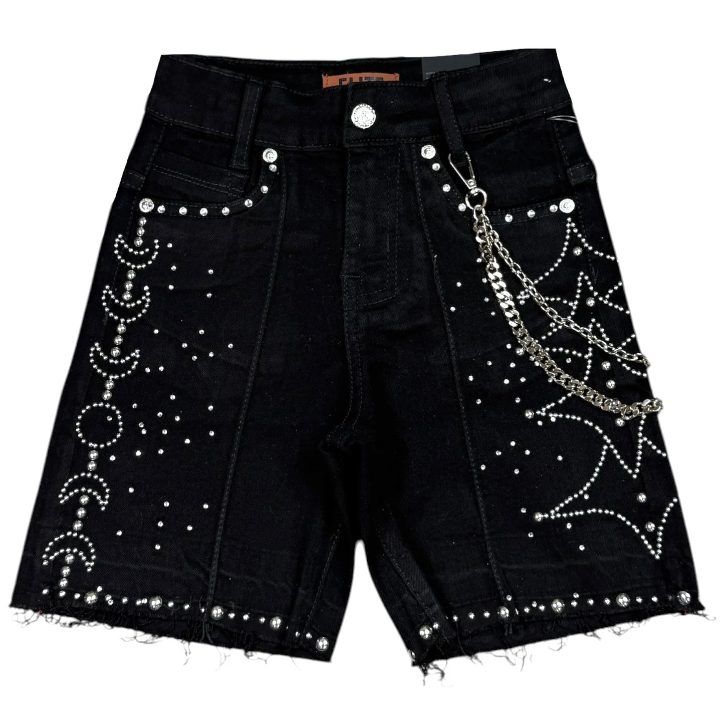 ELITE JET BLACK MOON PHASE KIDS RHINESTONES DENIM SHORTS