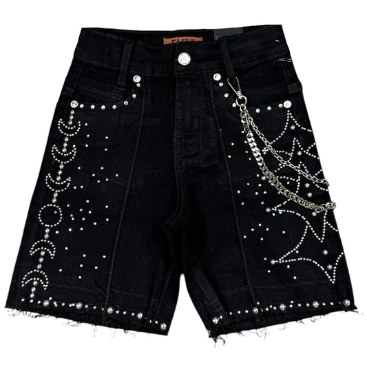 ELITE JET BLACK MOON PHASE KIDS RHINESTONES DENIM SHORTS