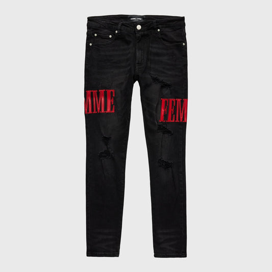 LETTERMAN DENIM BLACK WITH RED LETTERS- HOMME+FEME