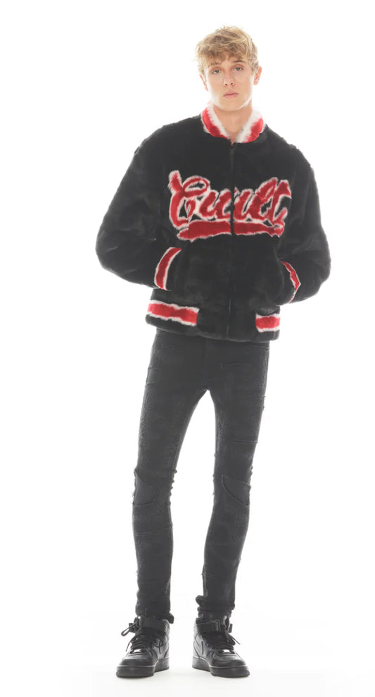 CULT -FAUX FUR VARSITY JACKET IN BLACK -623B11-PF99A