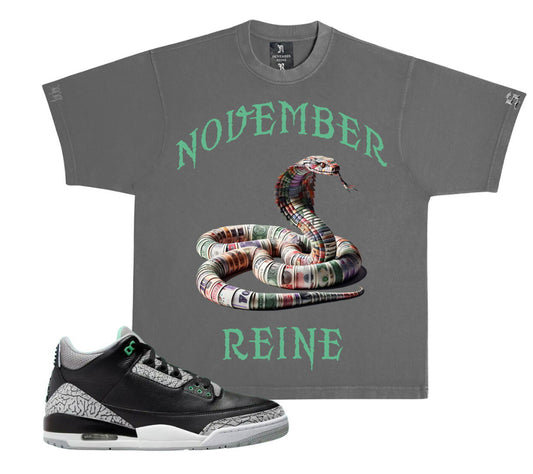 NOVEMBER REINE-"SNAKE" HEAVYWEIG HT LUXURY T-SHIRT GREY AND GLOW GR EEN
