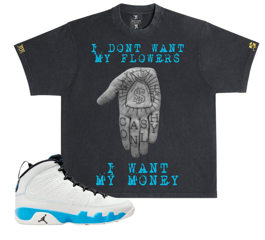 NOVEMBER REINE-CASH ONLY" HEAVYWEIGHT LUXURY T-SHIRT VINTAGE BLACK POWDER BLUE