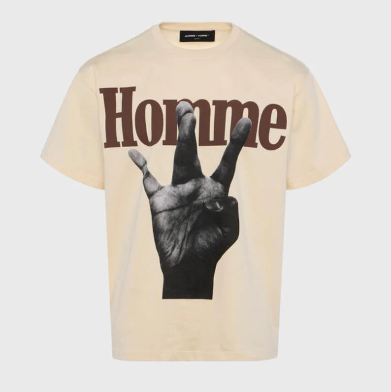 HOMMEFEMME-TWISTED FINGERS TEE CREAM WITH BROWN AND YELLOW