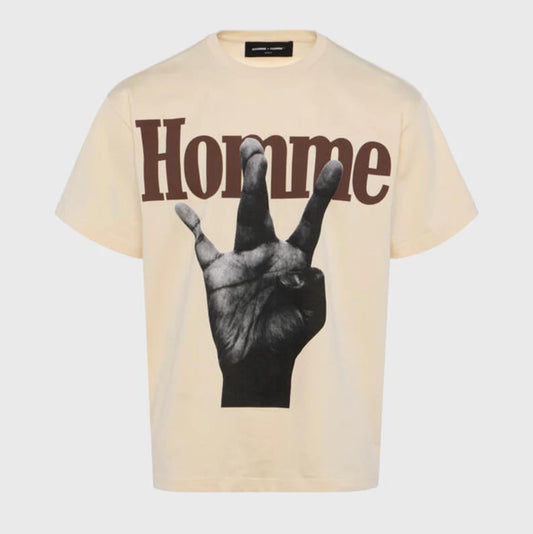 HOMMEFEMME-TWISTED FINGERS TEE CREAM WITH BROWN AND YELLOW