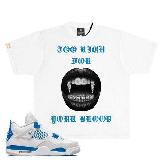 NOVEMBER REINE-RICH BLOOD" HEAVYWEIGHT LUXURY T-SHIRT WHITE AND MILITARY BLUE