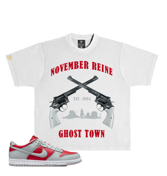 NOVEMBER REINE-"GHOST TOWN" HEAVYWEIGHT LUXURY T-SHIRT GREY AND RED
