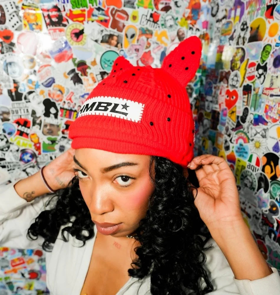 HMBL red October rhinestone ears beanie