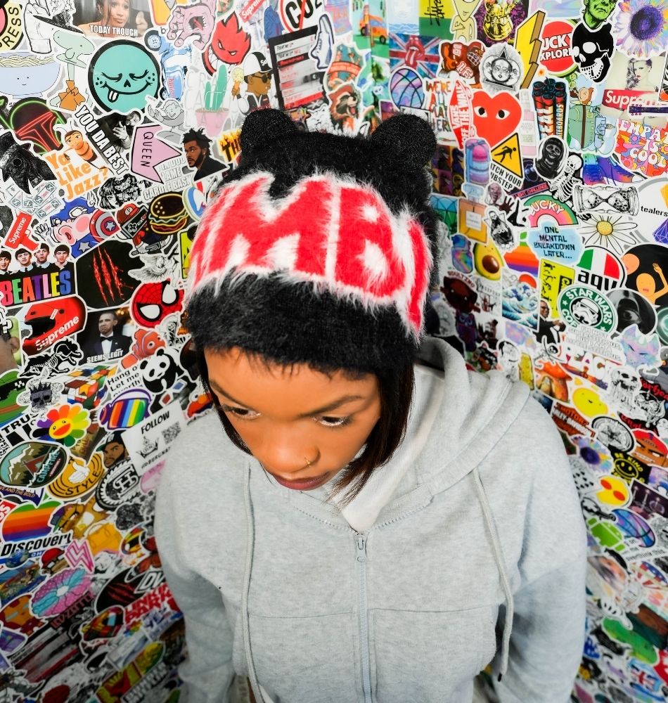 HMBL black and red Ranger fur beanie hat