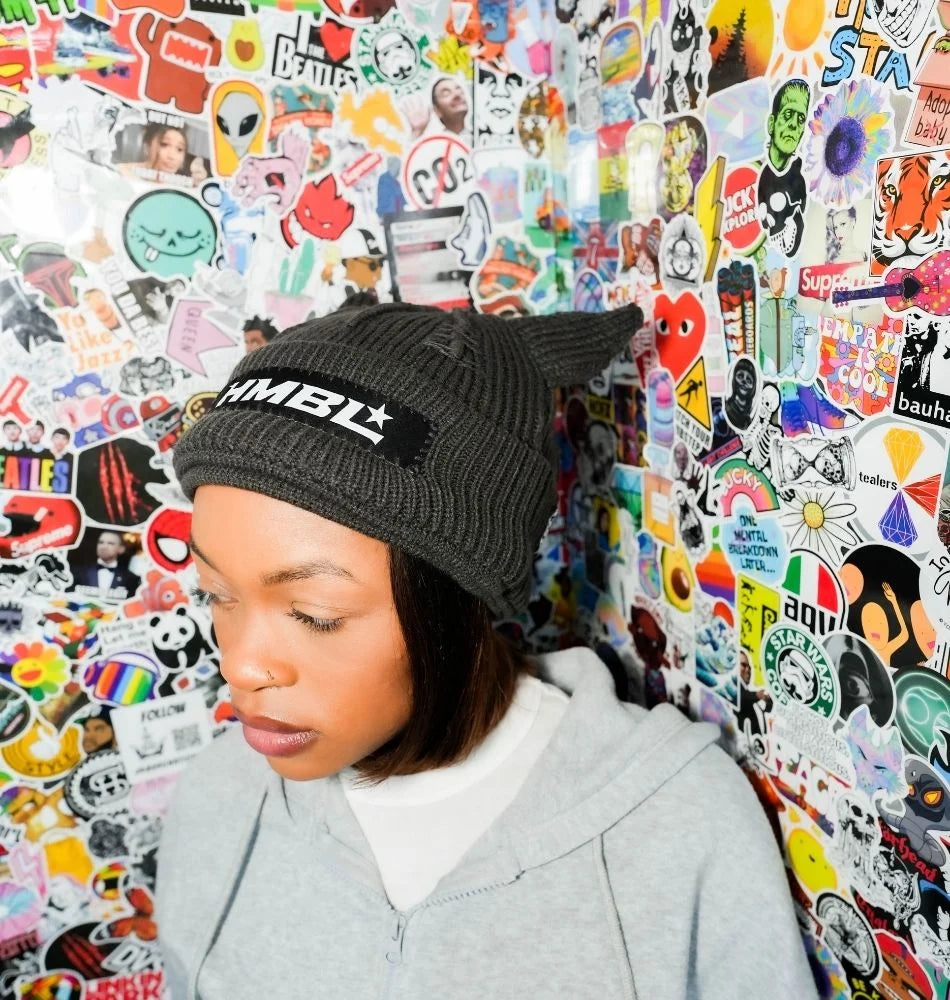 HMBL charcoal, triple  layer, beanie, white tag