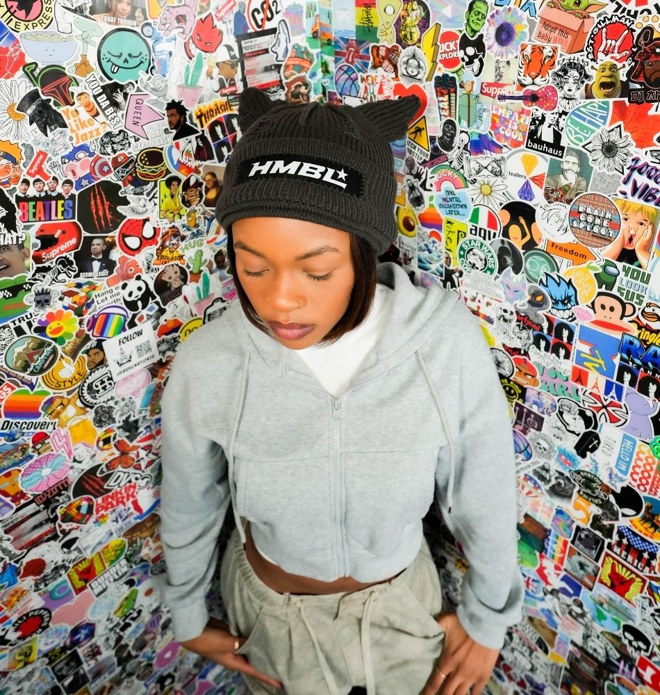 HMBL charcoal, triple  layer, beanie, white tag