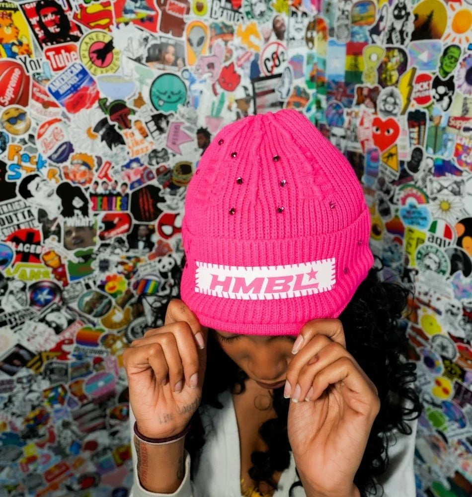 HMBL Pink rhinestone No ears beanie