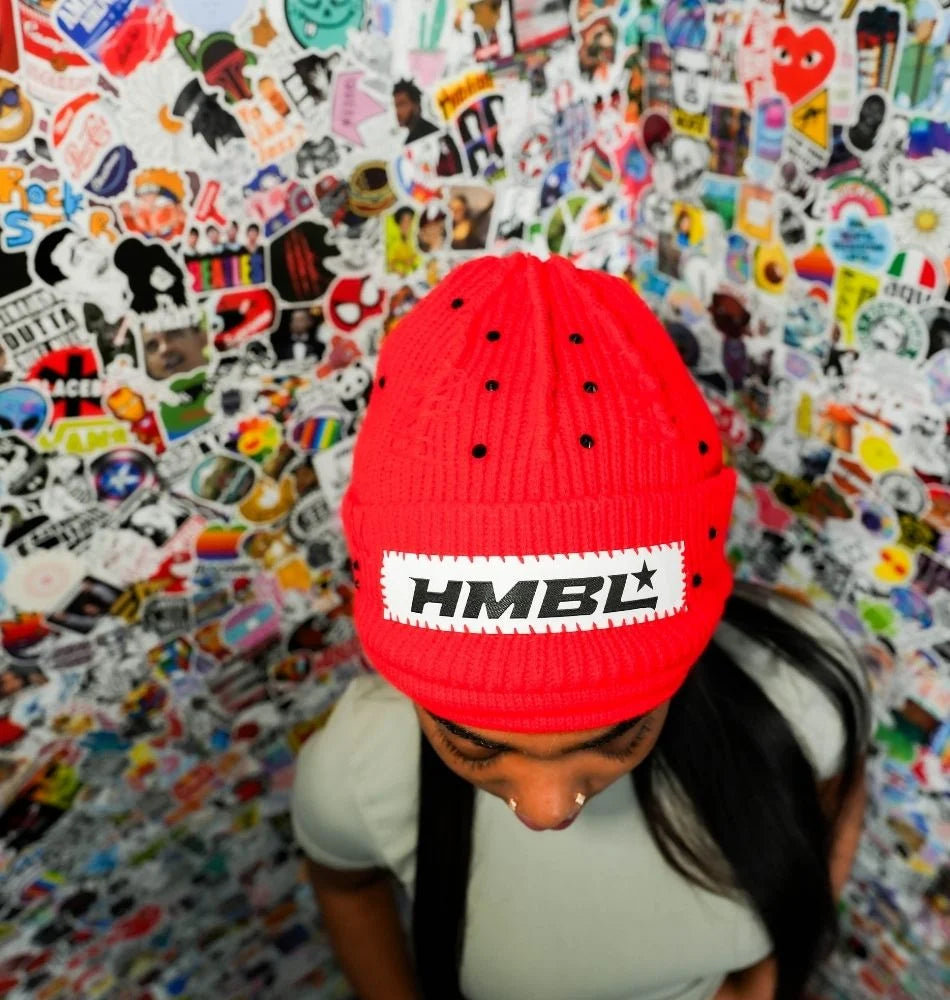 HMBL red October rhinestone no ears beanie
