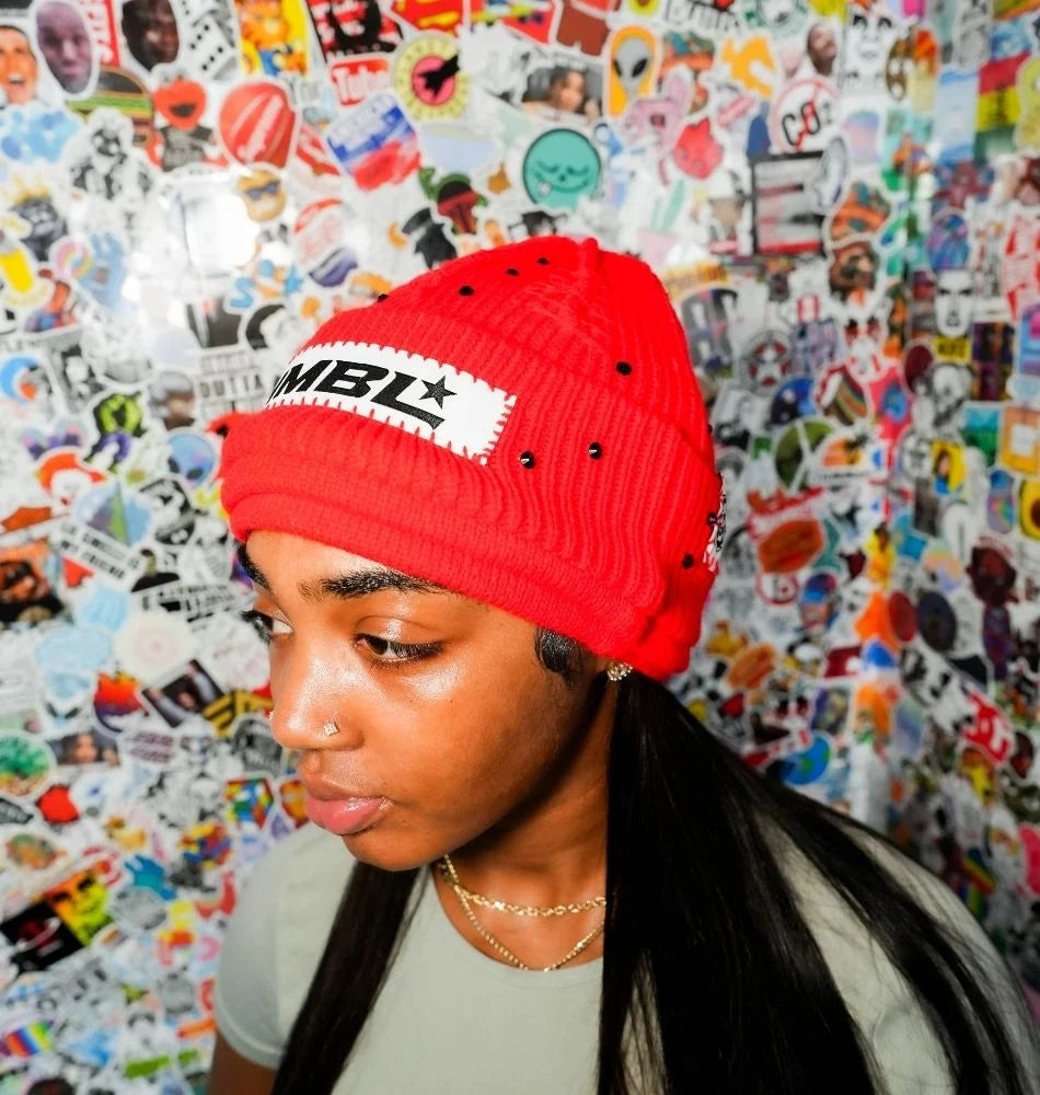 HMBL red October rhinestone no ears beanie