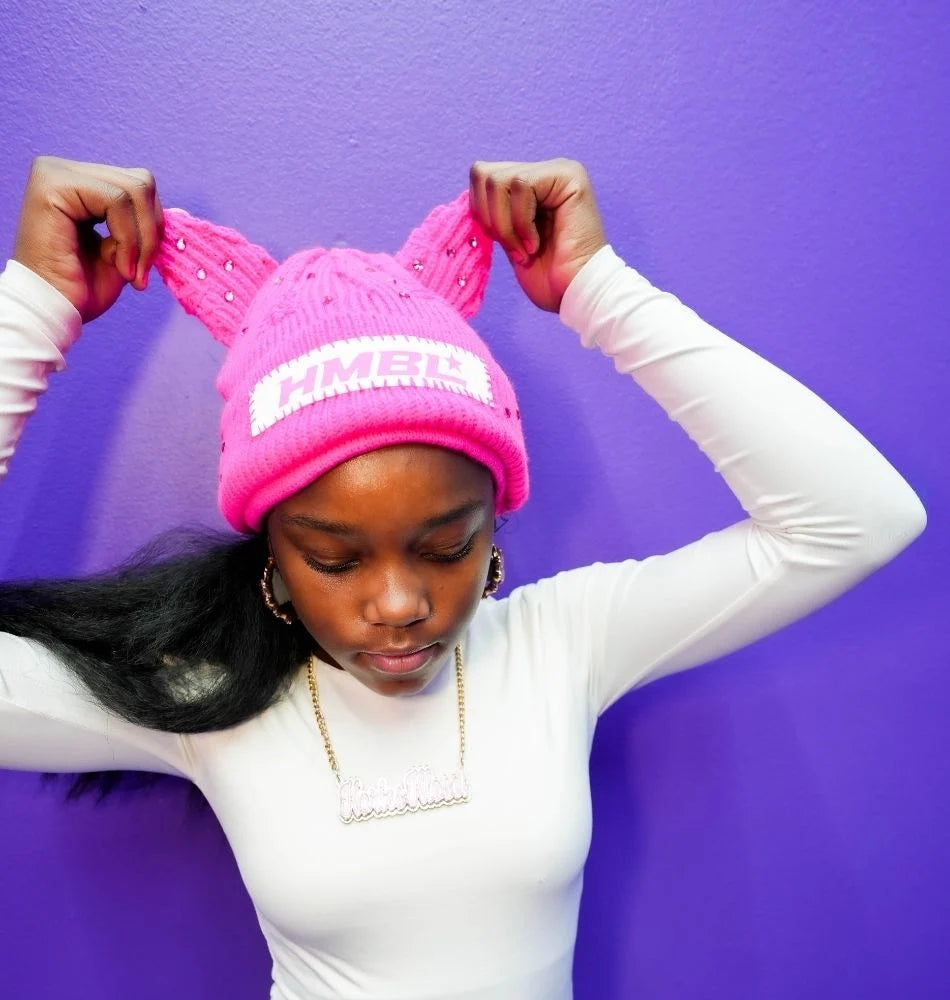HMBL Hot Pink rhinestone ears beanie