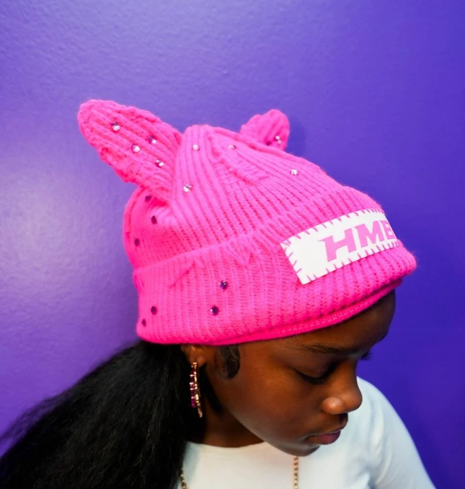 HMBL Hot Pink rhinestone ears beanie