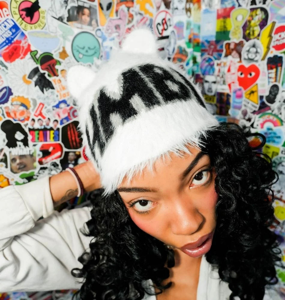 HMBL White Oreo Fur ears Beanie