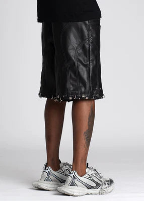 GUAPI-OBSIDIAN BLACK LEATHER PIERCING SHORTS