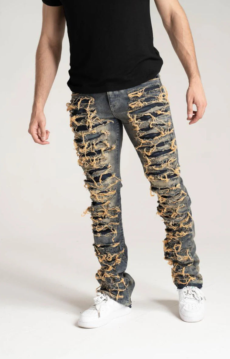 Taker Stacked Jeans With Multi Rip/Pepair Vintage-B2086