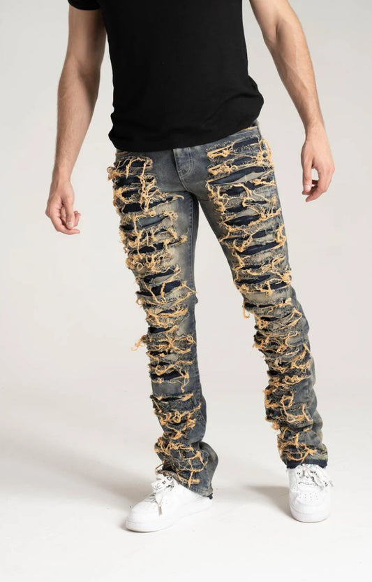 Taker Stacked Jeans With Multi Rip/Pepair Vintage-B2086