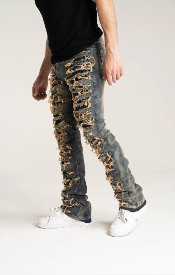 Taker Stacked Jeans With Multi Rip/Pepair Vintage-B2086