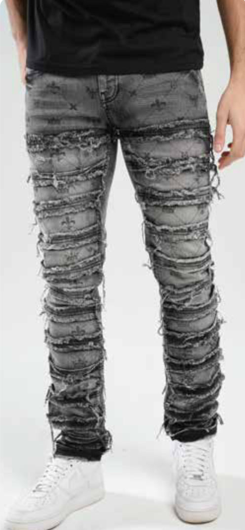 Taker- Stacked Jeans With Multi Rip/Pepair Vintage-T4001