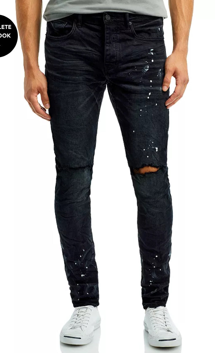 PURPLE- P001 Black Overspray Skinny Jeans