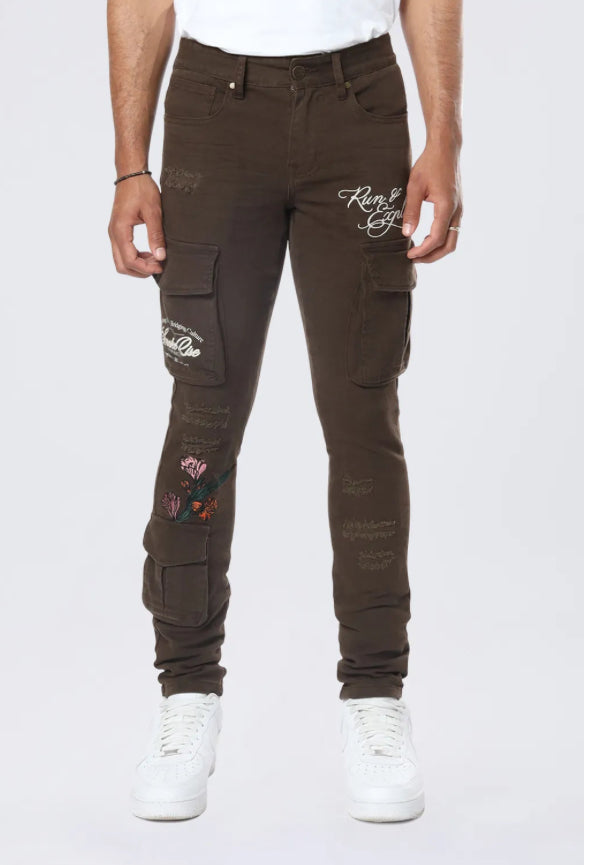 SMOKE RISE-Slim Tapered Embroidered Cargo Twill Pants - Bison-JP24516