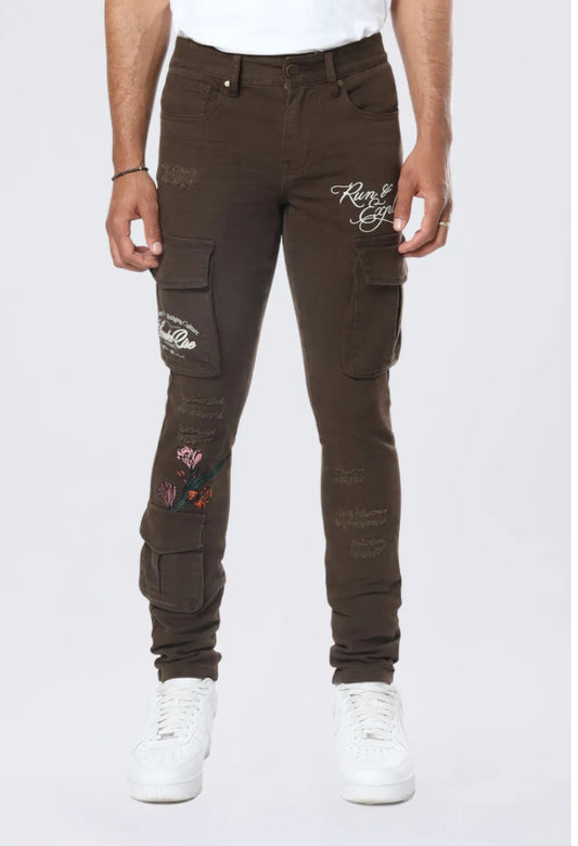 SMOKE RISE-Slim Tapered Embroidered Cargo Twill Pants - Bison-JP24516