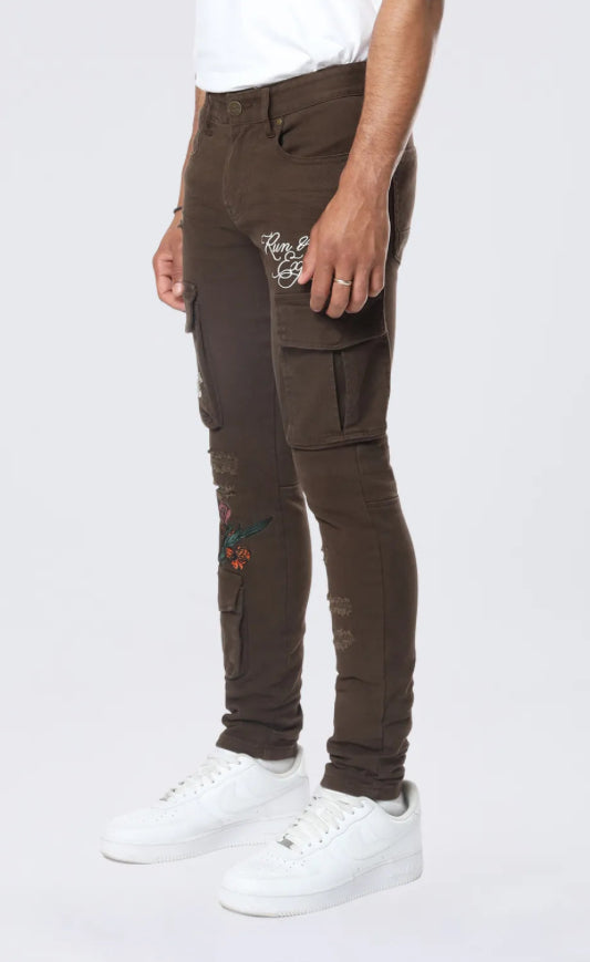 SMOKE RISE-Slim Tapered Embroidered Cargo Twill Pants - Bison-JP24516