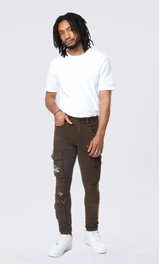 SMOKE RISE-Slim Tapered Embroidered Cargo Twill Pants - Bison-JP24516