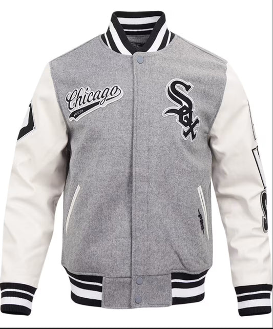 PRO STANDARD CHICAGO WHITE SOX GREY SCRIPT TAIL VARSITY HEAVY WEIGHT JACKET