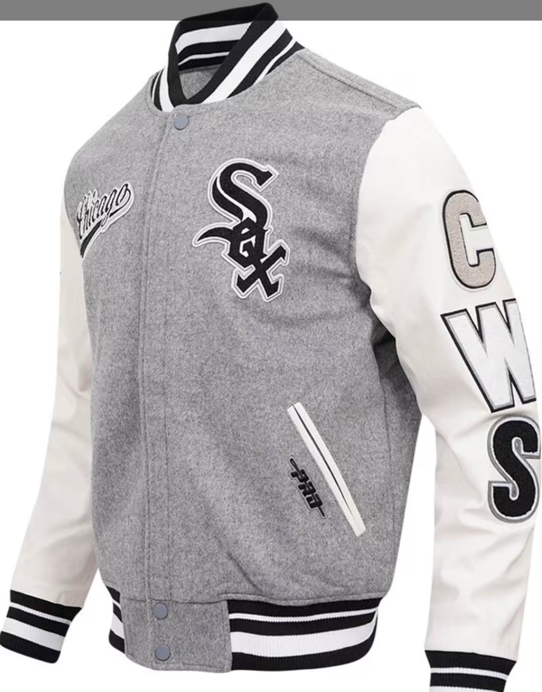 PRO STANDARD CHICAGO WHITE SOX GREY SCRIPT TAIL VARSITY HEAVY WEIGHT JACKET